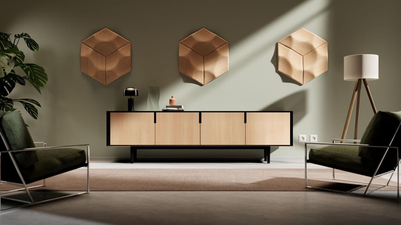 Zimmer mit Holzkommode und grüner Wand