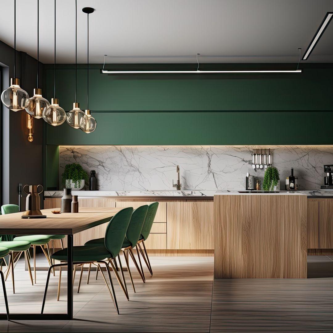 Küche in Grün und Holzoptik