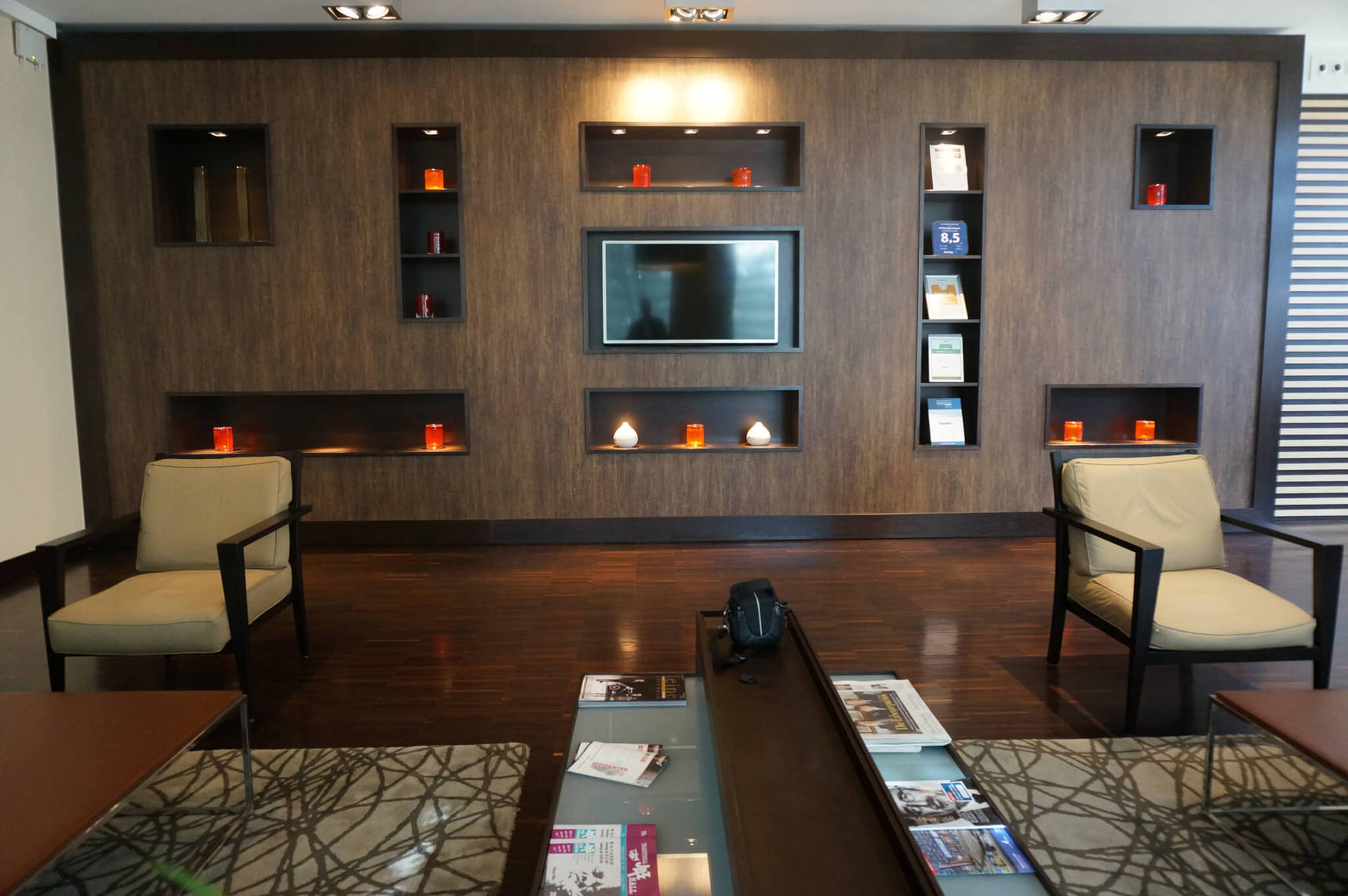 Build your own hotel lobby wall with shelves and cover with wood-effect self-adhesive film